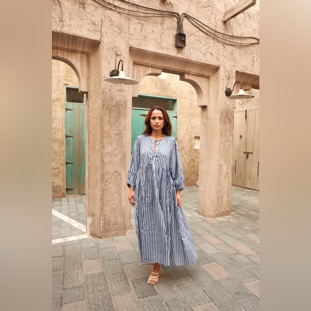 Striped Blue Midi Dress with Balloon Sleeves